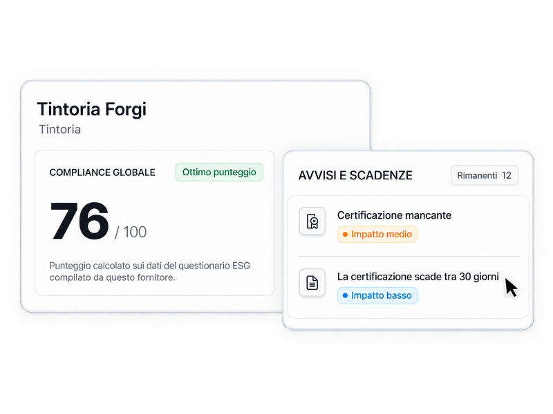 Profilo fornitore in Conforma con punteggio di compliance e avvisi su certificazioni mancanti e in scadenza.