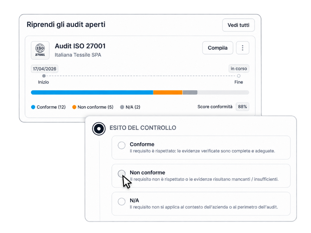 Conforma: avanzamento di un audit e registrazione dell’esito del controllo come conforme, non conforme o non applicabile.