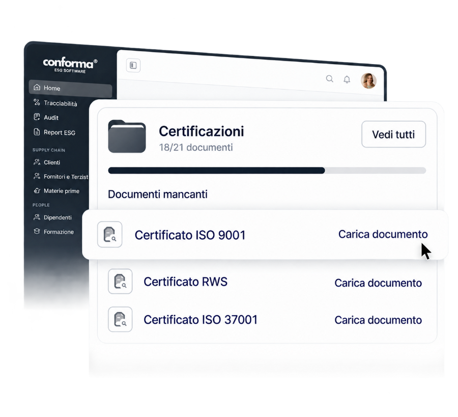 Interfaccia Conforma con certificazioni, documenti mancanti e azione “Carica documento” evidenziata per il certificato ISO 9001.