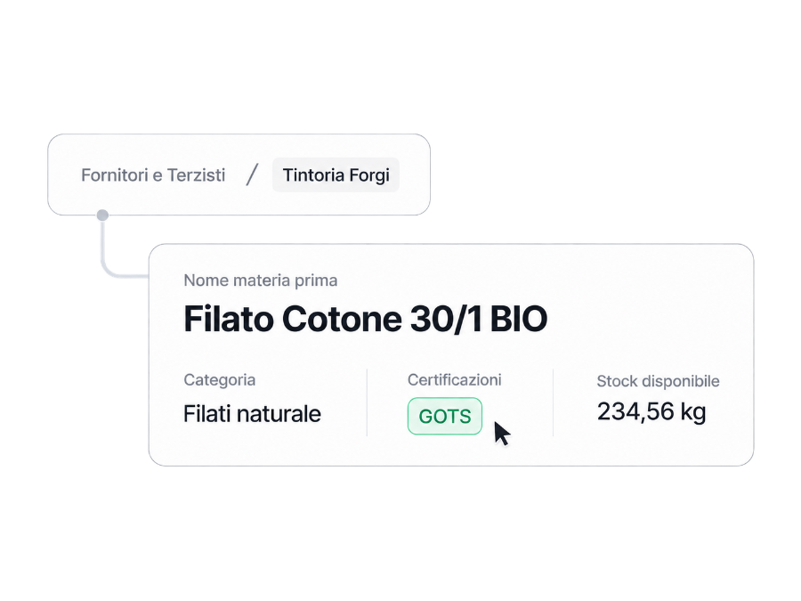 Elenco materie prime del fornitore in Conforma con filato di cotone, certificazione GOTS e quantità in magazzino.