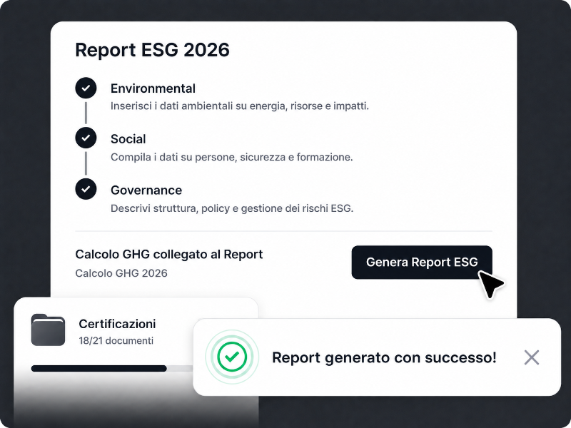 Conforma ESG & Compliance: report ESG con sezioni Ambiente, Sociale e Governance e dettaglio delle certificazioni.