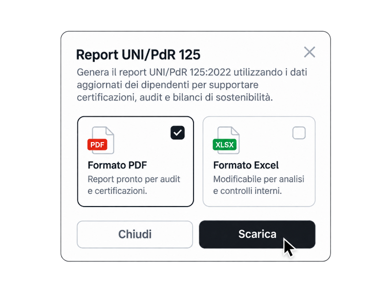 Esportazione del report UNI/PdR 125 in Conforma con scelta tra formato PDF ed Excel.