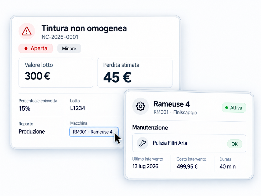 Conforma QualityTrack: valore del lotto, perdita stimata della non conformità e dettaglio dei costi di manutenzione della macchina.