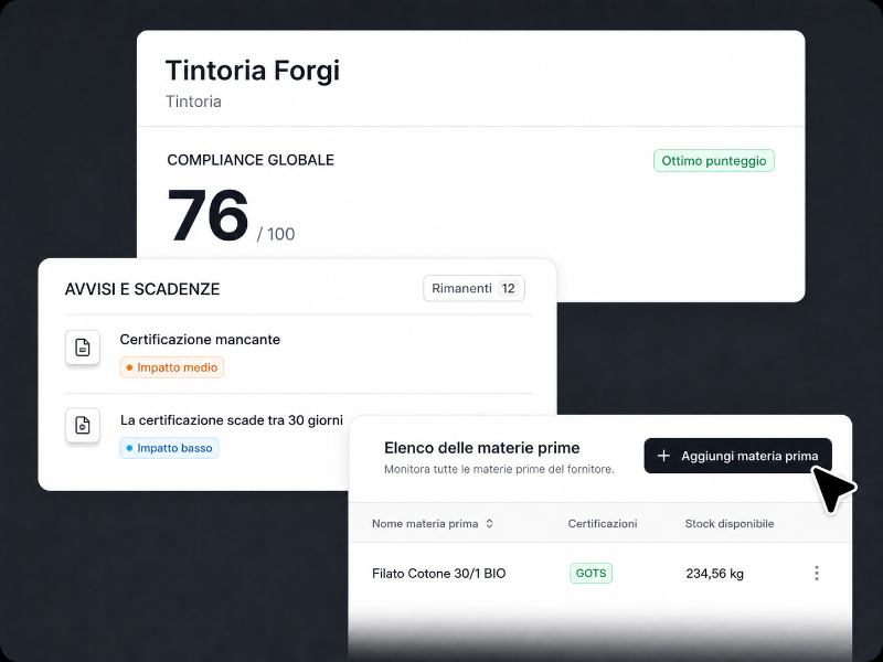 Conforma Supply Chain: compliance del fornitore, avvisi sulle certificazioni e materie prime associate.