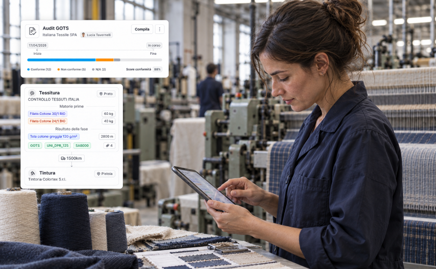 Operatrice in una fabbrica tessile con tablet che mostra la tracciabilità Tessitura–Tintura e un riquadro Conforma dedicato all’audit GOTS.