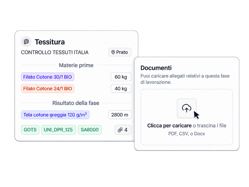 Dettaglio della fase di tessitura con quantità dei materiali e pannello per caricare i documenti associati.